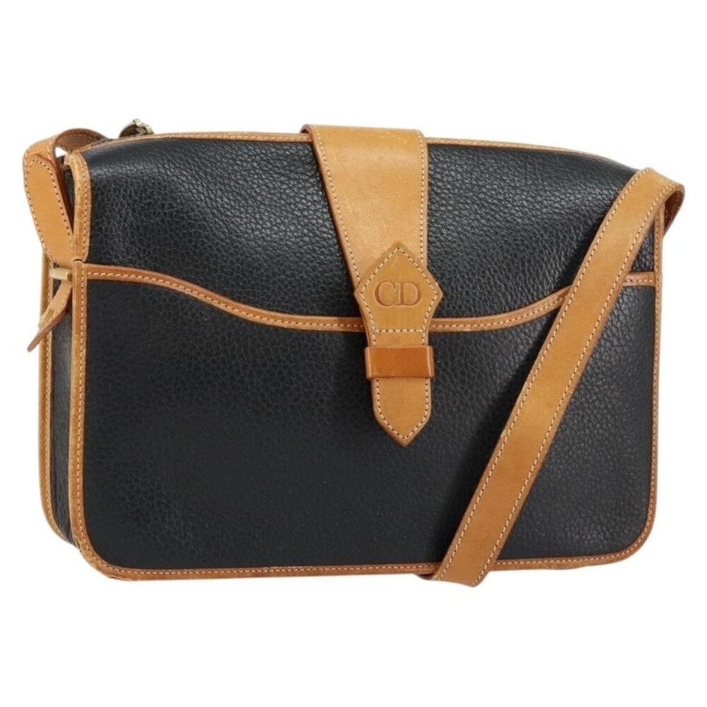 Authentic Christian Dior Shoulder Bag Leather Black Gold